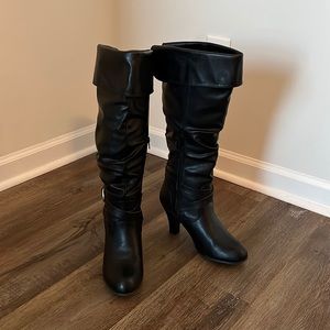 SOETA Black Vegan Leather Slouch Knee-High Heeled Boots